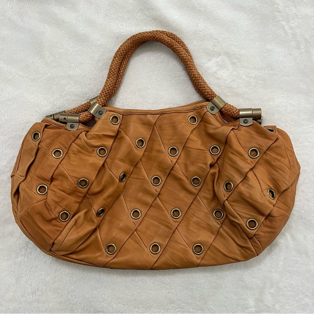 Cole Haan Tan Leather Quilted Grommet Hobo Bag with Braided Handles SP06